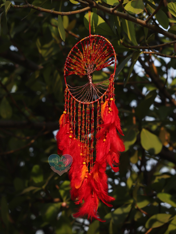 Igniting Dreams: Tree of Life Dreamcatcher with Sparkling Red Crystals