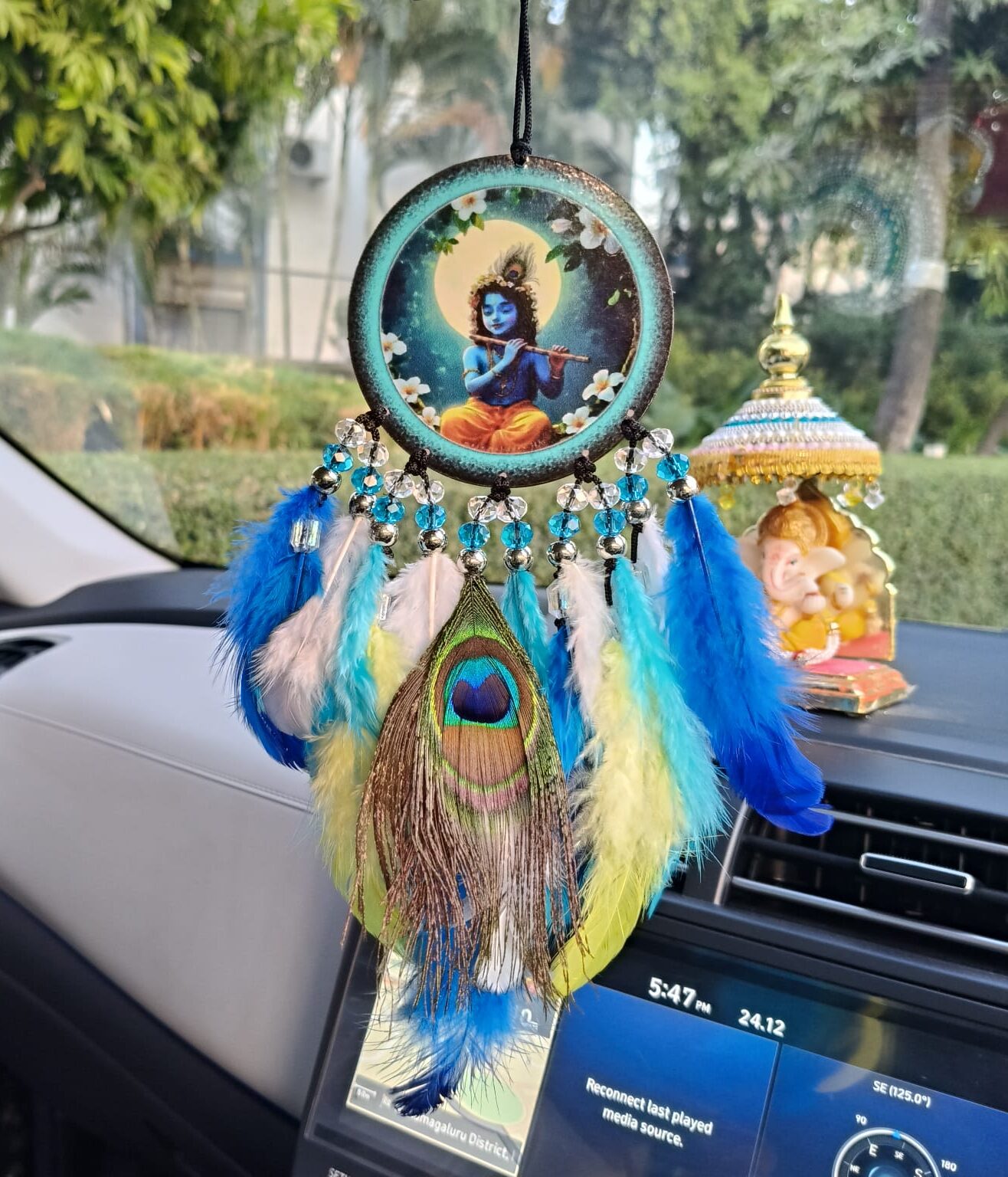 Dual-Sided Lord Krishna Car Hanging with Peacock Feather | Spiritual Rear-View Mirror Decor